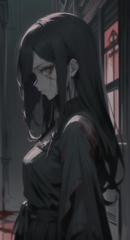 highly detailed, woman, long hair, upper body, white dress, room, open mouth, arms behind back, sitting, zombie, dead skin, <lora:Saori_Ootori_ZombieV1.1:0.8>