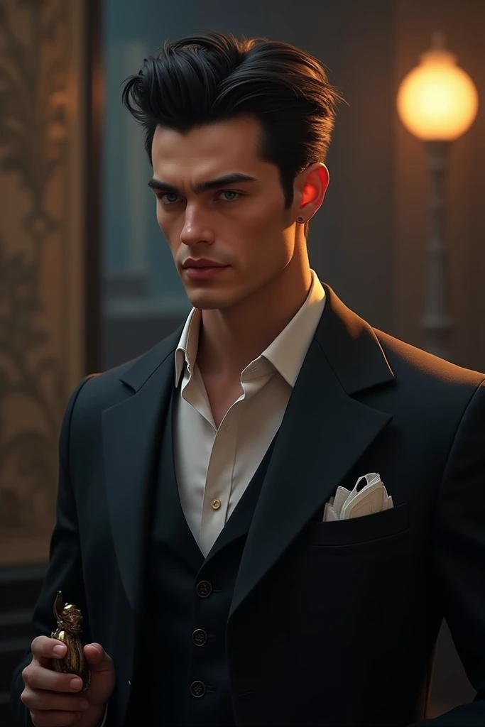(((Tom Cruise))) in "Eyes Wide Shut" movie, standing in a dimly lit, opulent mansion's grand ballroom. He wears a black tuxedo, and the camera lens is a 50mm with a medium shot. The lighting is sultry with soft, warm hues, reminiscent of the film's original cinematography. Render it in high resolution 4K with a focus on capturing Cruise's intense gaze.