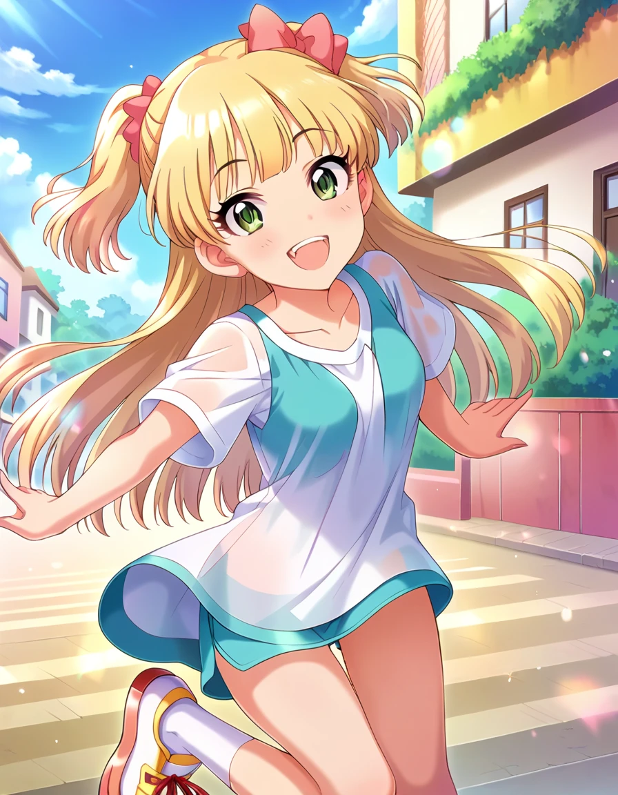  score_9,  score_8_Excellent,  score_7_Excellent,  source_Anime,
evaluation_sensitive, Sexually suggestive, smile, Joy, 
Outdoor, Sunbeam,Double teeth， opens her mouth wide ， double piece， s，
  long hair,  blonde alone,     hair bow ,Green Eyes,  small breasts, 
Gym clothes, 白いGym clothes, untucked shirt,   red bulma ,Groin， crotch up ， socks,  sneakers, Thighs，Around town，(( open her crotches wide ，))
 detail eyes, Eye Reflexes,