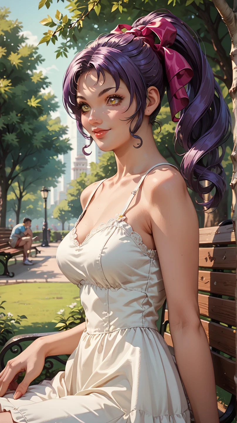 score_9, score_8_up, score_7_up, score_6_up, cowboy shot,anime style, smile,semi-realistic, lips, sundress,park, bench, sitting, looking to the side, from side, NamiKozono,1girl,purple hair,high ponytail,hair_ribbon,yellow eyes,