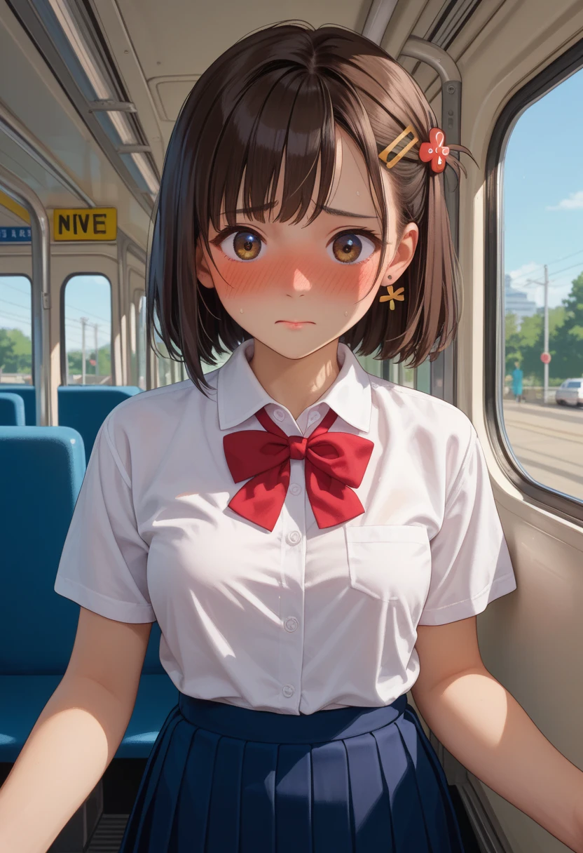 score_9, score_8_up, score_7_up, (nsfw, molester, in the train), (1girl, front view), (16years old, Japanese school girl), (dark brown hair, hair pin), White shirt blouse, pleated skirt, (embarrassed expression, blush), BREAK (POV, exhibitionism, flashing penis)