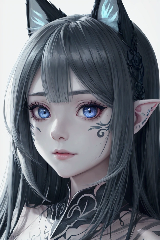 Drawing of a woman,  pointed face and gray eyes ,  detailed anime girl portrait ,  impressive anime face portrait , Soft anime illustration , face animated portrait, detailed big eyes , portrait of an anime creature , anime portrait,  soft face of detailed anime ,  big and detailed eyes , animated portrait,  detailed anime face ,  color detailed face with light blue colors, hairless, forest fairies, mystical creature ,  extremely long and pointed ears,  creepers and leaf tattoos on its face,  vibrant lighting