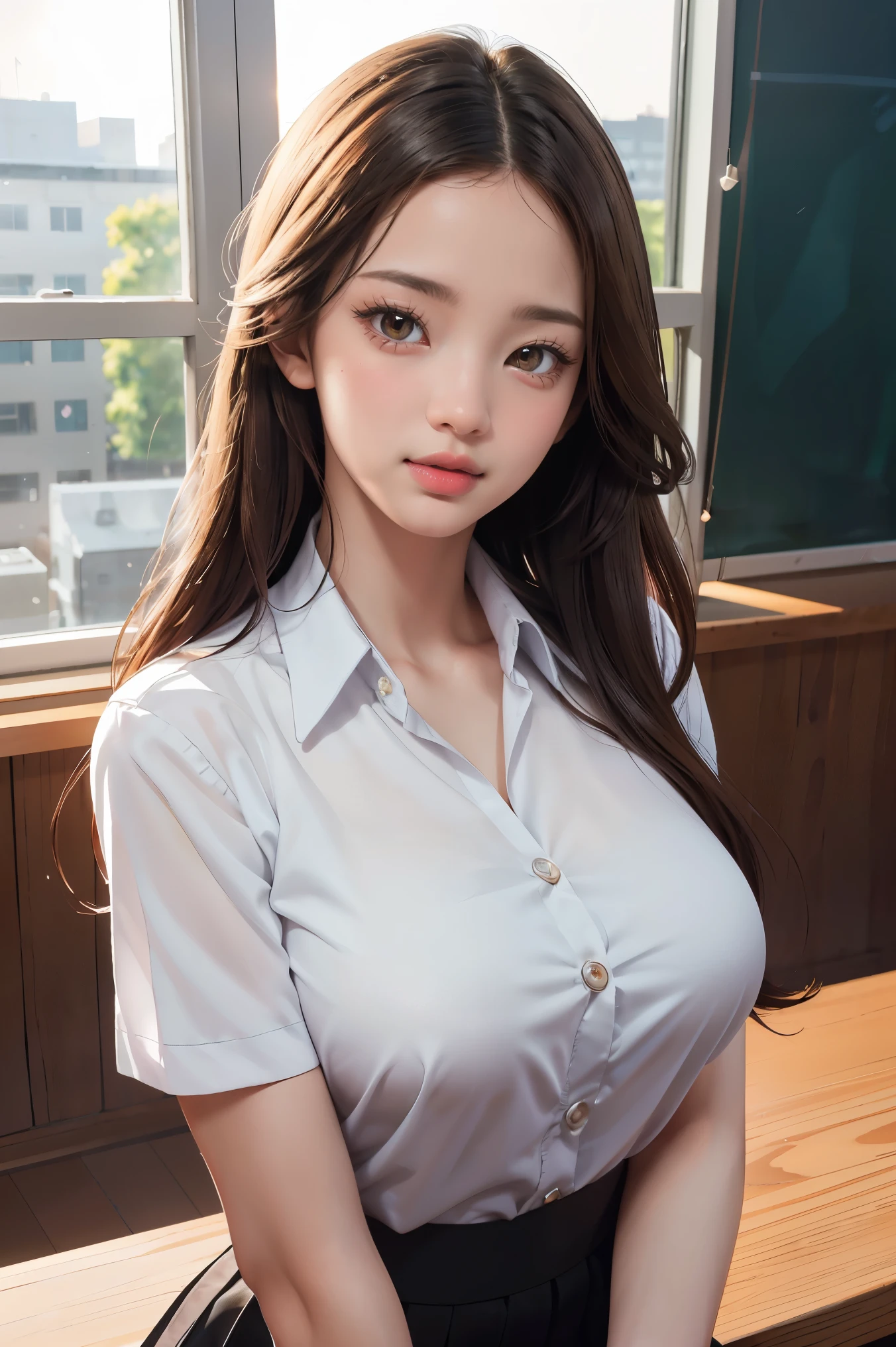 (masterpiece, best_quality:1.2), 1girl, solo, cute, huge_breasts:1.4, school_girl_outfit:1.5, detailed eyes, detailed lips, long eyelashes, beautiful, elegant, serene expression, intricate details, photorealistic, studio lighting, vivid colors, realistic, warm lighting, cinematic, detailed background, class_room:1.3