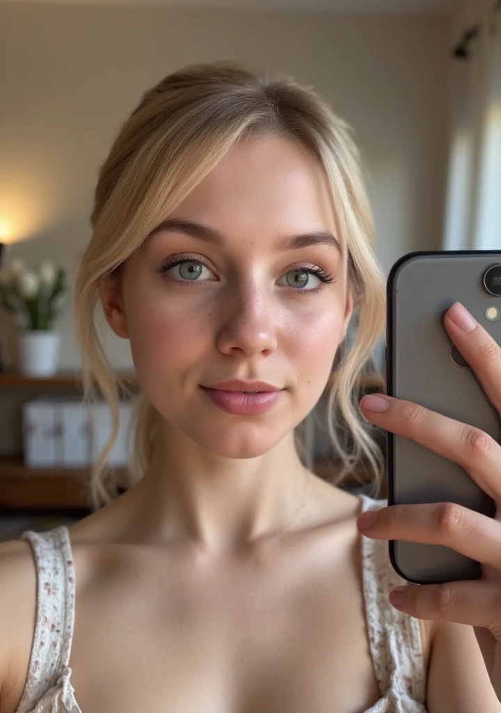 A highly realistic depiction of a young woman with fair skin and light blonde hair tied in a casual ponytail, taking a selfie with a modern smartphone. She has soft freckles on her cheeks, striking light-colored eyes (blue or green), and delicate facial features enhanced by natural makeup with a subtle lip tint. The setting is a cozy, softly lit room with neutral-toned decor. Her pose is relaxed,  The composition emphasizes natural lighting, warm tones, and a candid vibe, making the scene feel authentic and relatable.