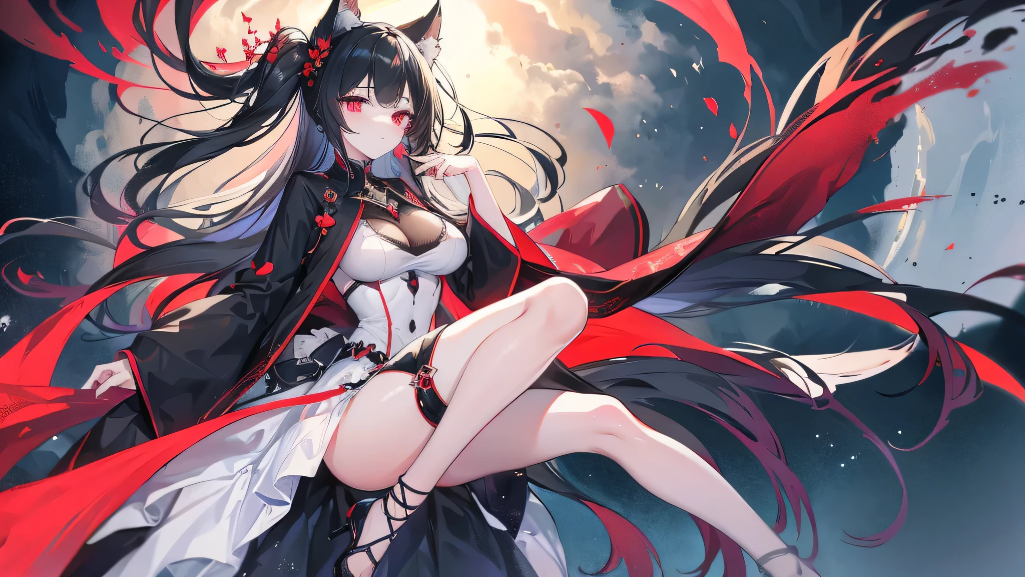 (extremely detailed CG unity 8k wallpaper), (((ultra-detailed))), ((extremely detailed)), (((best illustration))), best illumination, ((extremely delicate and beautiful)), ((an extremely delicate and beautiful girl)), colorful, lycoris radiata, (manjusaka:1.1), red flower field, (((colorful flowers))), ((1 girl, solo)), {{finely detailed beautiful eyes and detailed face}}, expressionless, sad smile, long hair, (((black hair))), straight bangs, (hair over right eye:1.9), ((blood red eyes:1.9)), empty eyes, beautiful detailed eyes, mature female, gentle, slender, medium breast, (no human ears:1.9), (black red fox ears:1.9), (black red fox tail:1.9), (((intricate details))), (Black and red knee-length kimono dress), medium height black boots, ((black choker with red pendent)), manjusaka/lycoris radiata birthmark on the neck, sitting, bishoujo, 19_years_old