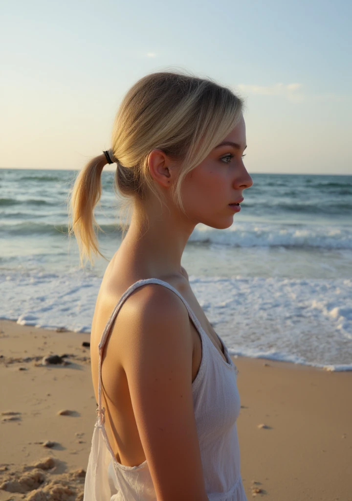 A highly realistic full-body depiction of a young woman with fair skin, light blonde hair tied in a casual ponytail, and soft freckles on her cheeks. She has striking light-colored eyes (possibly blue or green), delicate facial features, and natural makeup with a subtle lip tint. She stands on the beach, their back turned to the viewer, facing the vast ocean ahead. The scene captures a moment of serene contemplation as waves gently lap at the shore. The figure is framed by the golden hues of the setting sun, with soft shadows stretching across the sand. A light breeze stirs the air, subtly ruffling the loose clothing of the individual. The tranquil sea and expansive sky create a backdrop of natural beauty, emphasizing the solitude and introspection of the moment.