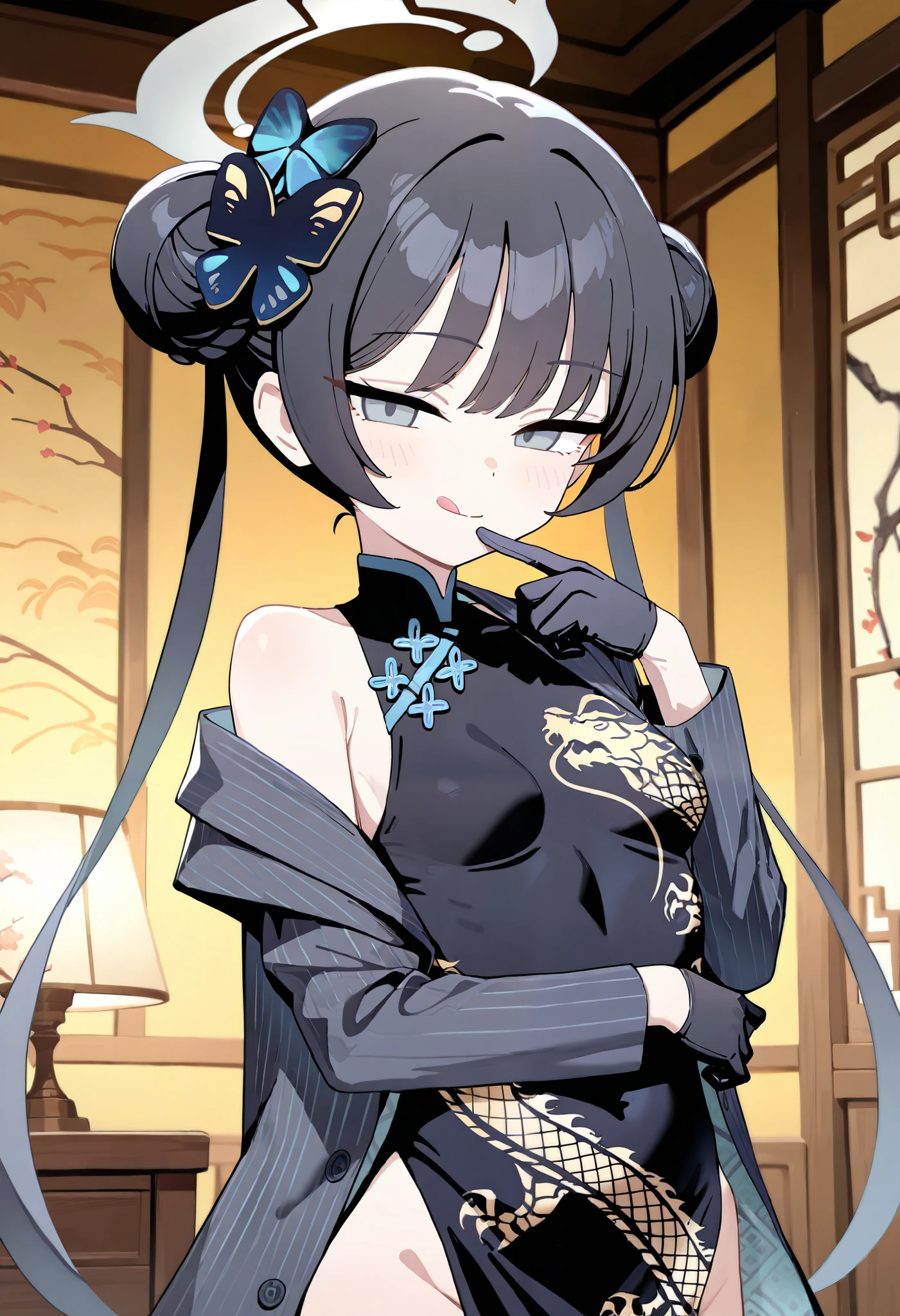 1girl, kisaki\(blue archive\), blue archive, upper body, looking at viewer, halo, small breasts, jacket, print dress, dragon print, gloves, standing, finger to own chin, smirk, licking lips, indoors, bloom, masterpiece, best quality, very aesthetic, absurdres