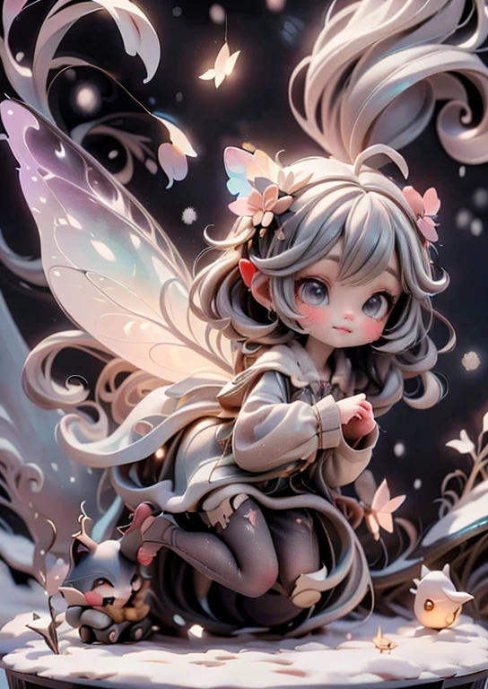 Using this photo as inspiration, make a baby with dark hair with some colourful strands, point ears, transparent colourful wings. And Dark clothes