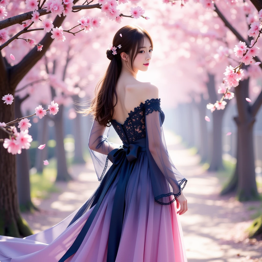 A breathtaking and artistic scene featuring a young East-Asian woman standing amidst a grove of blossoming cherry trees. She is viewed from behind, her elegant silhouette framed by the soft, ethereal light filtering through the branches. The trees are adorned with vivid pink and white cherry blossoms, their petals gently cascading around her in the warm spring breeze, creating a dreamlike and tranquil atmosphere.

The woman wears a beautifully crafted gown with an off-the-shoulder design, the bodice and flowing sleeves made of sheer lace embroidered with delicate floral patterns. The dress transitions into a voluminous skirt with a gradient of colors, blending deep navy blue, soft pink, and light lavender hues, reminiscent of a watercolor painting. A satin ribbon cinches her waist, tied into an elegant bow that adds a touch of sophistication.

Her dark hair is styled into a loose, romantic updo, with a few wisps framing her face and small flower ornaments woven into her hair, echoing the cherry blossoms around her. She gazes softly into the distance, her serene and contemplative expression hinting at a quiet story.

The background is filled with a harmonious interplay of light and shadow, the sunlight casting a gentle glow that highlights the vibrant colors of the blossoms and the soft texture of her dress. The overall composition evokes a sense of fleeting beauty and peaceful solitude, capturing the transient yet timeless allure of a spring morning.