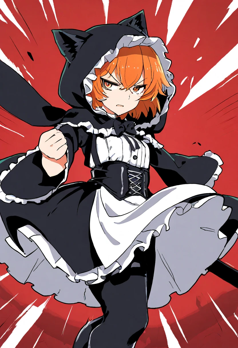  The image presents a character stylized in an anime or manga art style . This character appears to be a young muslin woman with orange hair with a determined or defiant expression.. She has short and messy hair and her hair color is orange , She has black cat ears ,  and a visible eye of a bright green color ,  while the other eye seems to be closed , , which intensifies his air of defiance or indifference .  His clothing is black and quite elaborate ,  with a design that recalls a Gothic corset , Maid Gotica ,  decorated with details such as crosses on his torso and leg . .} There are pointed, dark elements that project from your outfit ,  she also wears clothes with a black hood that reaches her waist but that she only wears over her shoulders,  giving him an imposing or intimidating look .  The composition of the outfit is combined with a dark and dynamic background with black flames that come out from behind ,  with white fragments or debris that seem to float or break around her ,  adding a sense of action or drama . The artistic style is dynamic ,  with thick, angular lines that accentuate the energy and intensity of the scene, The background is reddish. .