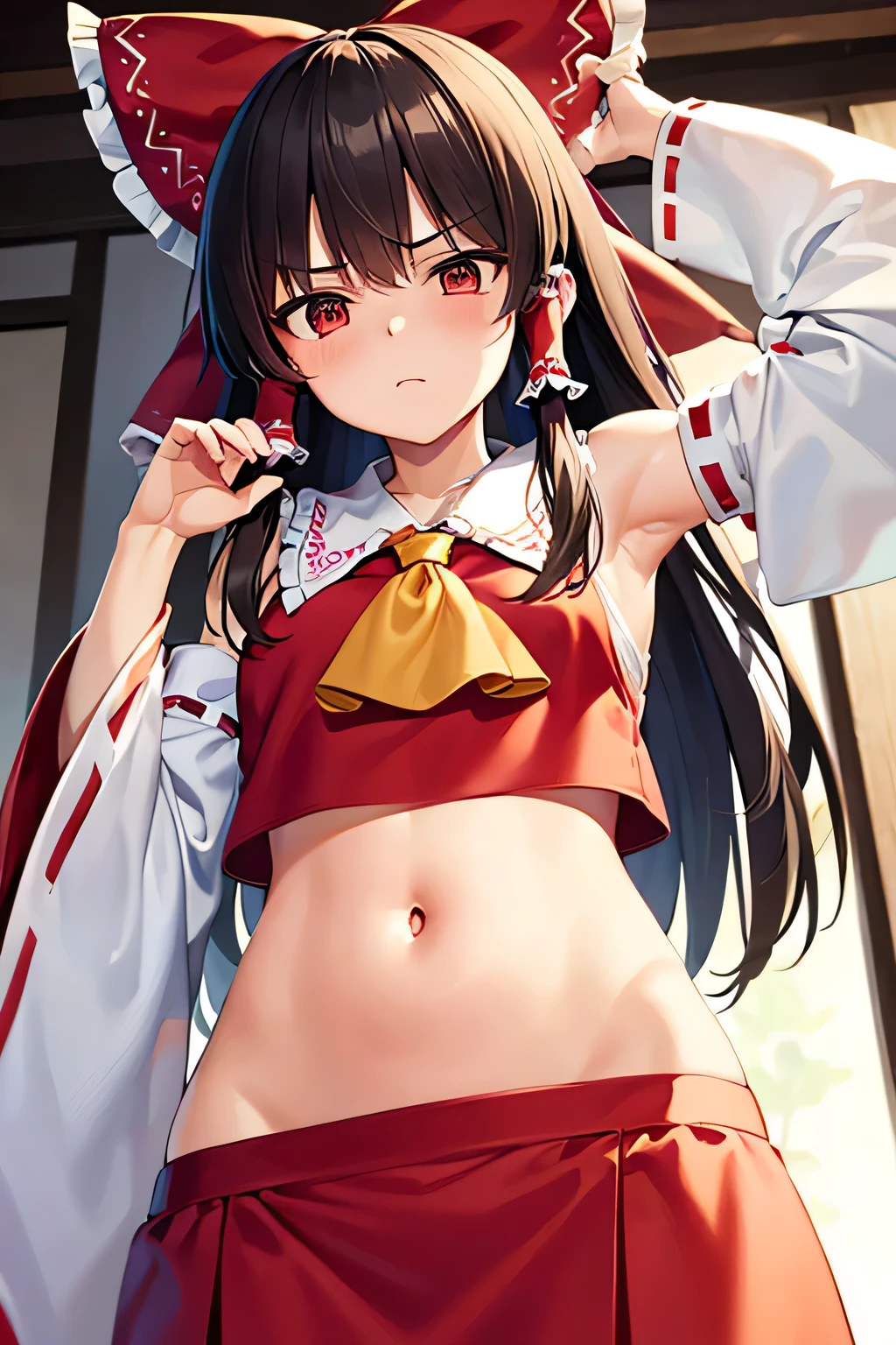 super fine illustration, vibrant colors, masterpiece, sharp focus, best quality, depth of field, cinematic lighting, ultra detailed, blush, shocked, angry, navel, belly button, tummy, hips, shrine maiden, hakurei reimu, 1girl, hair bow, ascot, hair tubes, detached sleeves, looking down, red shirt, red skirt, long skirt, long hair, dark brown hair, indoors, mature woman