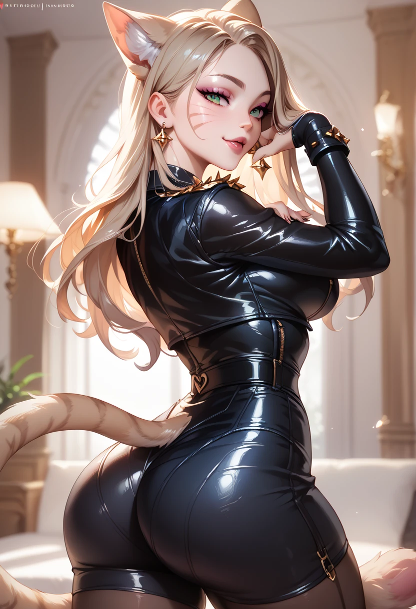 wide ass,textured leather , body marked on clothes, beautiful face,feline