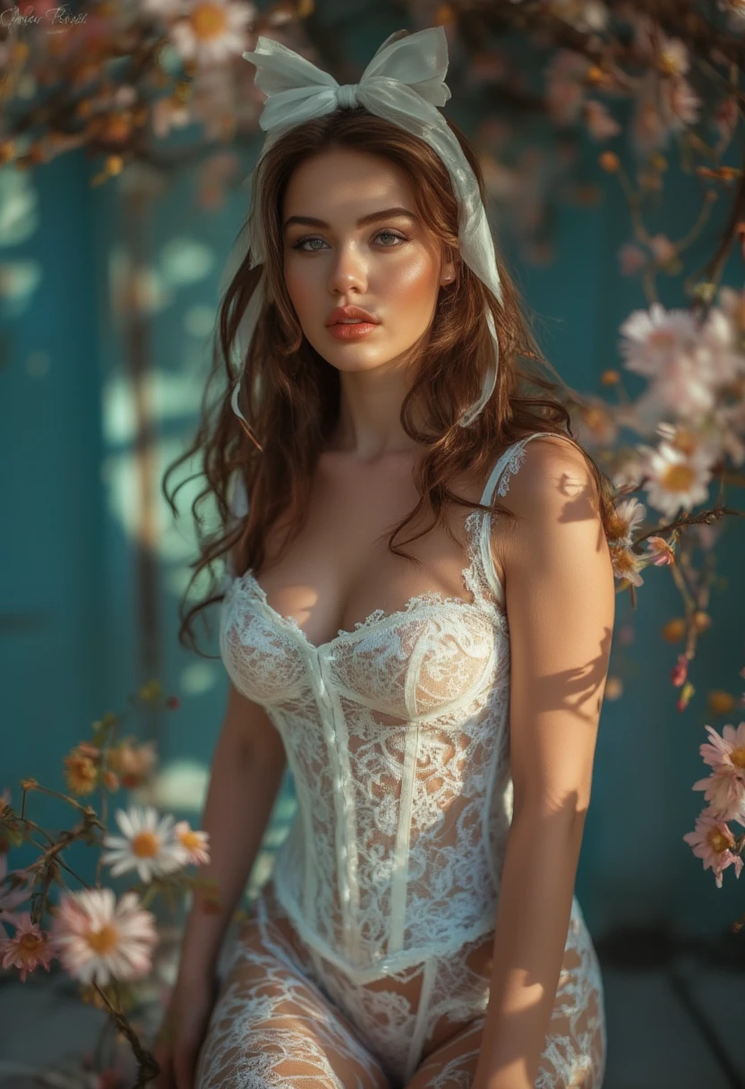 The image is a high-fashion photograph from the Wonderland editorial. It features a young woman with a slender, petite physique and fair skin. She has long, wavy brown hair cascading down her back and shoulders, styled with a white ribbon bow attached to the top, adding a playful, whimsical touch. She is dressed in a delicate, lace corset that accentuates her small to medium-sized breasts and cinches her waist, paired with white lace-topped fishnet stockings.