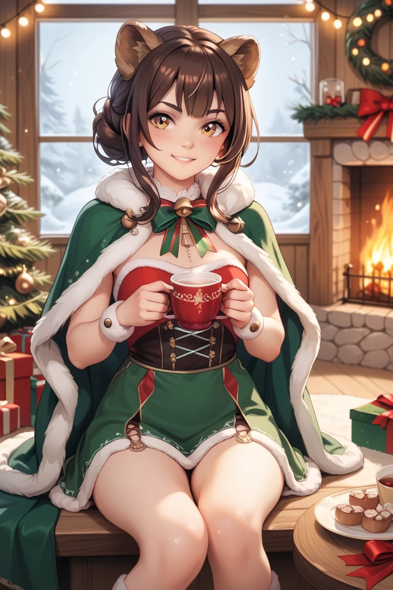 best quality, highest quality, indoors, fireplace, christmas tree, night, 1girl, solo, looking at viewer, open mouth, surprised, happy, smile, (holding massive gift box, holding with two hands:1.1), kneeling, <lora:DorotheaFE3H-FEH-bsinky-v1:0.8> xmasDorothea, large breasts, hair ornament, elbow gloves, dress, bare shoulders, fishnets, pantyhose, earrings, choker, high heels, bracelet, christmas, green skirt