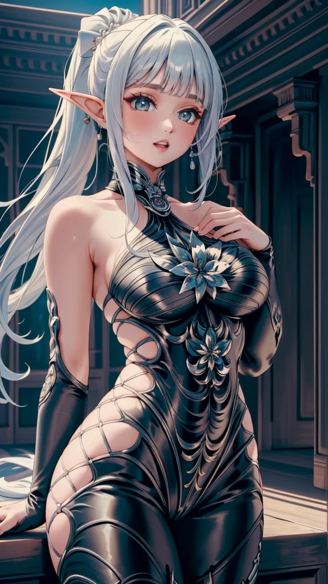 (masterpiece:1.2, best quality), (intricate details), 1girl, elf ears, omega F bodysuit, realism, Detailed, intricate, sharp focus, Ultra-detailed, detailed pupils, puffy lips, skindentation, (intricate detail), (Soft Lighting), Charming smile, white hair, nice hips,  (low ponytail), (large breasts:1.2), voluptuous, hips,