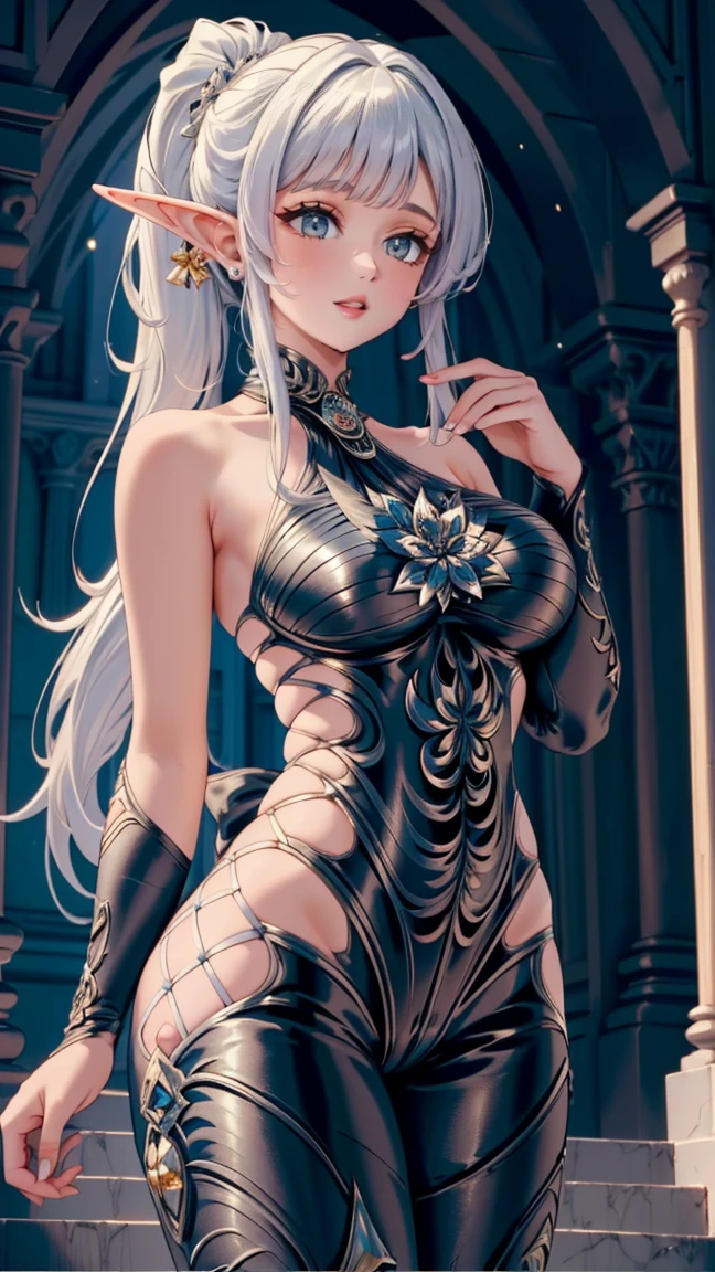 (masterpiece:1.2, best quality), (intricate details), 1girl, elf ears, omega F bodysuit, realism, Detailed, intricate, sharp focus, Ultra-detailed, detailed pupils, puffy lips, skindentation, (intricate detail), (Soft Lighting), Charming smile, white hair, nice hips,  (low ponytail), (large breasts:1.2), voluptuous, hips,