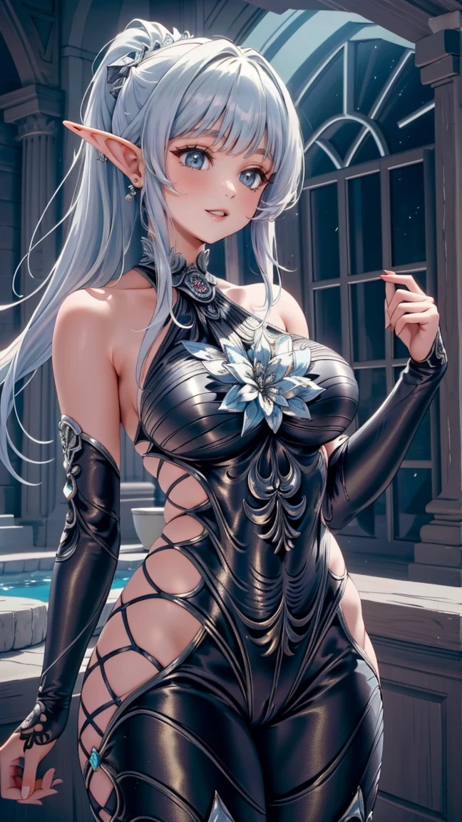 (masterpiece:1.2, best quality), (intricate details), 1girl, elf ears, omega F bodysuit, realism, Detailed, intricate, sharp focus, Ultra-detailed, detailed pupils, puffy lips, skindentation, (intricate detail), (Soft Lighting), Charming smile, white hair, nice hips,  (low ponytail), (large breasts:1.2), voluptuous, hips,