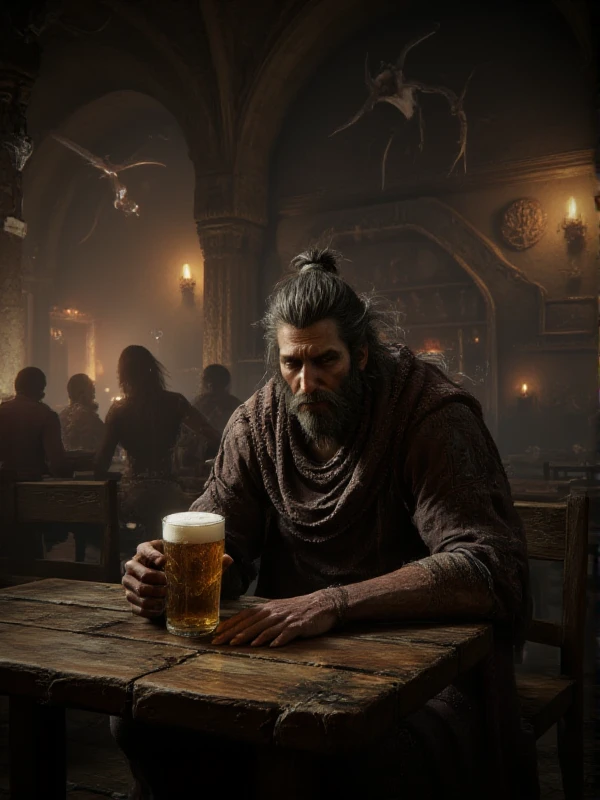 elden ring style, a man holds a beer in a pub