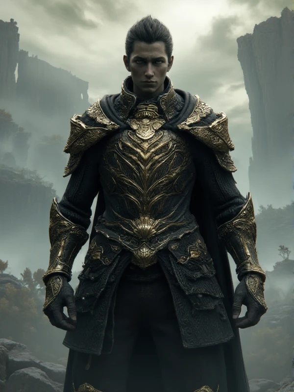 25yo male,black short hair, black and gold armor 