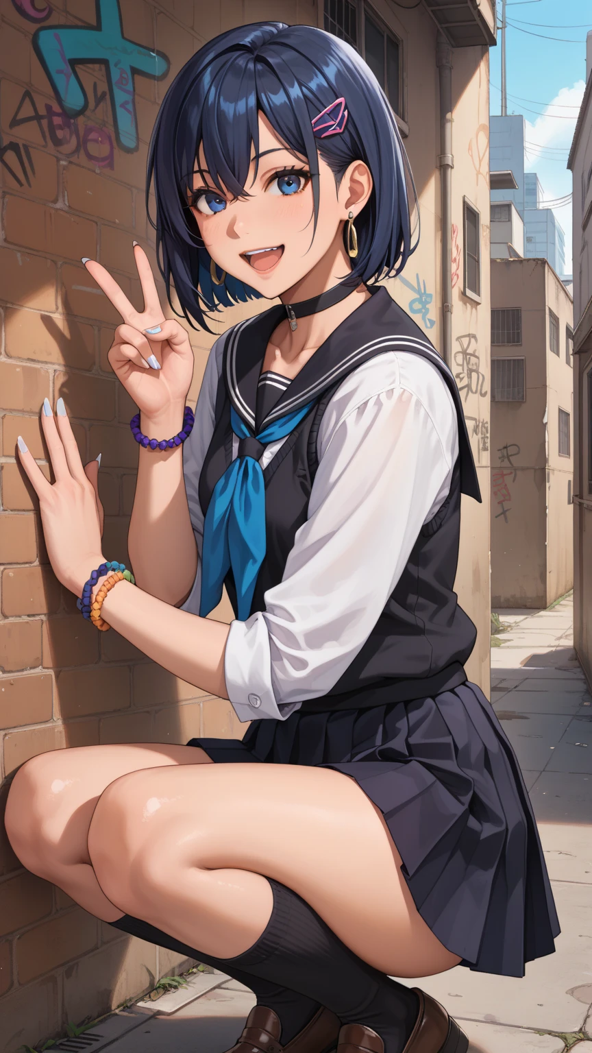  ((Best Quality)), (Super Detail), 1 Girl, Dark blue hair color, Short hair, Back alley, Wall, Graffiti, Hair between eyes, Dark blue eyes, Open legs, Squatting, Panties, Peace sign, Hair ornament, Tistol, School uniform, Collared shirt, Hairshed, Clothes around the waist, Bangs, Black socks, Black vest, Long hair, Long sleeve, Cardigan, Side lock, Knee high, Dress shirt, necklace, collarbone, black dress, jewelry, sweater, earrings, earrings, earrings, stud earrings, black choker, loose tie, socks, seraphk, neckerchief, sailor collar, pleated skirt, white socks, black skirt, short sleeves, shirt, white shirt, black sailor collar, blue neckerchief, beaded bracelet, Wrist scrunchies, long nails, open mouth, smile, bangs, small breasts, perfect hands, hand detail, fixed fingers, looking_al_Viewer, top quality, rich detail, perfect image quality,