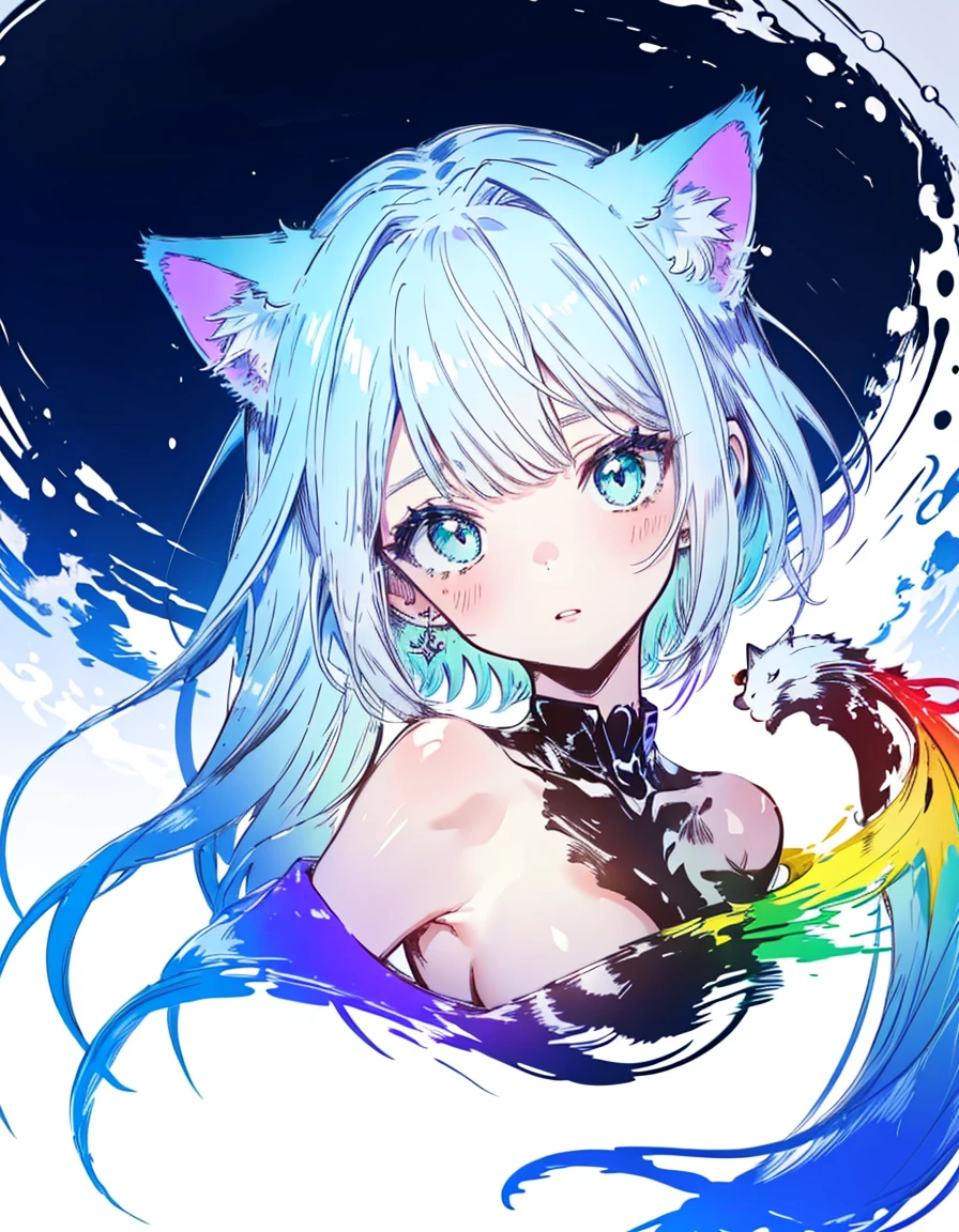 master piece, high quality illustration, digital art,4K, cat ear, pale skin, medium breasts, aqua colored eyes, rainbow color hair,