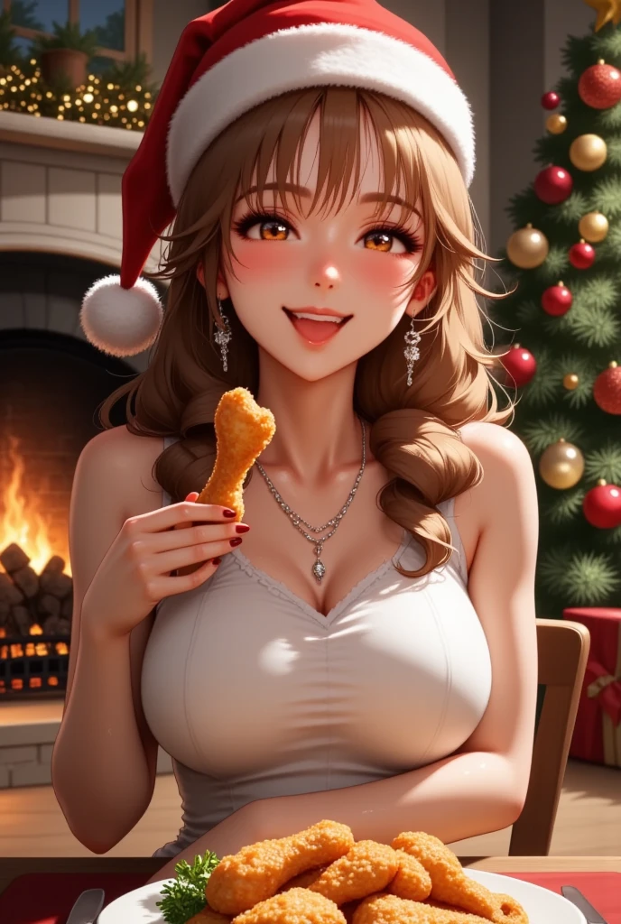  New Year Girl in Santa Claus Hat Red Beautiful Cheeks,  Sits at the New Year's Holiday Table ,  Holds Juicy Fried Chicken Leg in her Hand ,  Smiles and Rejoices , Warm fireplace Warms , garlands , christmas tree, beautiful colors,  best quality,  complex details , 8 k, masterpiece, 