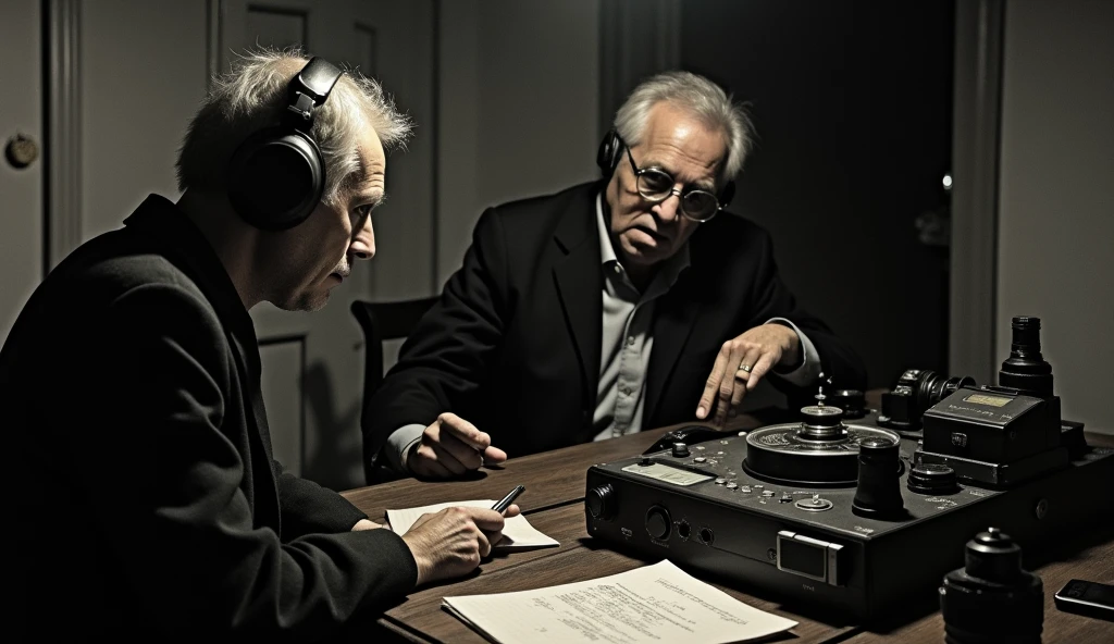 an old man with headphones, steampunk clothes, playing music on a vintage synth, twilight light, warm atmosphere, cultured atmosphere, (masterpiece) (perfect proportion) (photo realistic) (best quality) (detailed) (8k) (HDR) (wallpaper) (cinematic lighting) (sharp focus) (intricate)