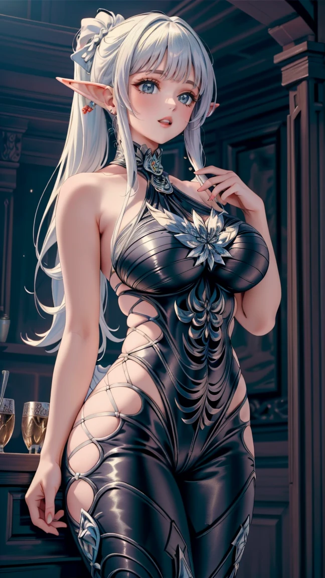 (masterpiece:1.2, best quality), (intricate details), 1girl, elf ears, omega F bodysuit, realism, Detailed, intricate, sharp focus, Ultra-detailed, detailed pupils, puffy lips, skindentation, (intricate detail), (Soft Lighting), Charming smile, white hair, nice hips,  (low ponytail), (huge breasts:1.2), voluptuous, hips,