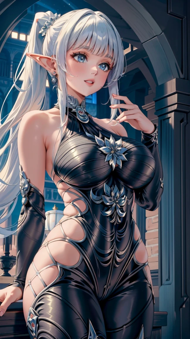 (masterpiece:1.2, best quality), (intricate details), 1girl, elf ears, omega F bodysuit, realism, Detailed, intricate, sharp focus, Ultra-detailed, detailed pupils, puffy lips, skindentation, (intricate detail), (Soft Lighting), Charming smile, white hair, nice hips,  (low ponytail), (huge breasts:1.2), voluptuous, hips,