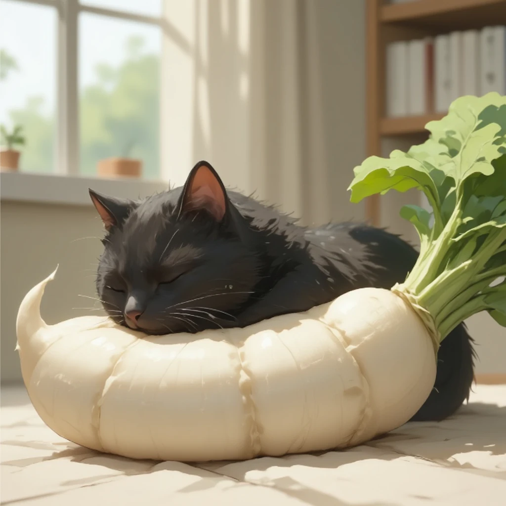 Very fat black cat sleeping with a lying radish as a pillow, On the sofa by the window in the living room, Japanese long white radish, Daikon, anime