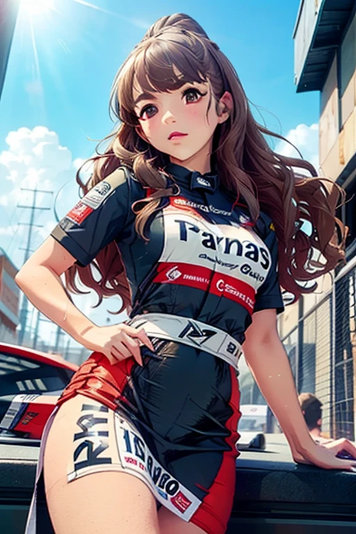  best quality, 1 Female, Very curvaceous, ( Big Breasts , cleft chest )、stoic, ,  long hair,  brown hair, red eyes,、 racing suit in the middle,  plump lips ,  seductive ,  mature、 skirt、 race queen、Slender、 Famous Paintings,  best quality ,  Photorealistic,  ultra-detailed, ( shiny skin:1.4), slender, dynamic light and dark , high definition , sharp concentration、Slender、(Thick tight),null、Grid Girls,  Underbob ,  wearing a grid _ sponsor logo print costume for girls standing in a motorsport race, ( stand in a motorsports race)+  putting the left hand on the waist 、(( angle from below))、  blur the background  