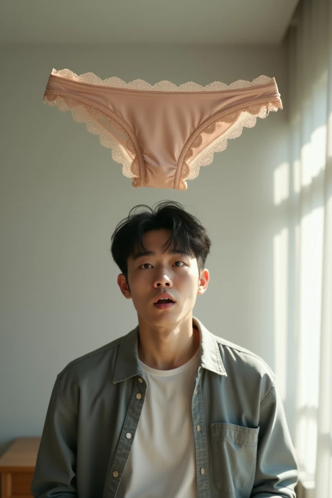 Handsome young man,Asian people,ager,Take off your shirt.,Wear green underwear,leaning against the door,bedroom,There are neon lights.,