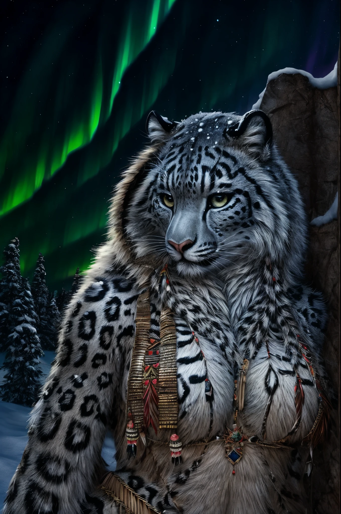Snow Leopard, Humanity, furry, woman, woman, fur, detailed fur masterpiece, Highest quality, Digital Art, (Realistic:0.3), comics, Fine Lines, High resolution, Visually stunning (Detailed lighting, Depth of written boundary:0.9), Detailed Color, Vibrant colors, perfect hands, Fine hand (beautiful, cute, fluffy:1.2), Detailed body, Barefoot hairy character ,One girl,Person sitting barefoot in the snow, Nice legs, Soles and pads,Smiling Vagina Outdoors,nature, Tribal accessories, Tribal costume, Colorful aurora borealis,Night