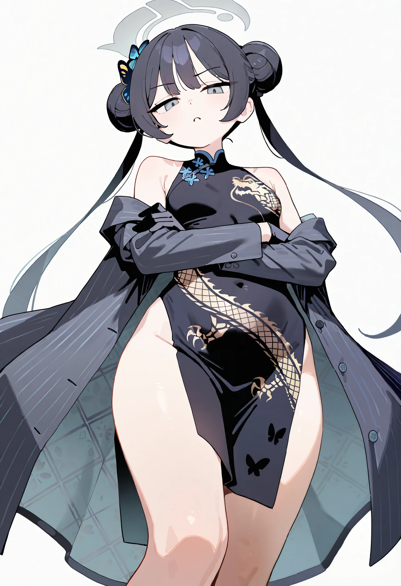 1girl, kisaki\(blue archive\), blue archive, from below, looking at viewer, halo, small breasts, jacket, print dress, dragon print, gloves, standing, crossed arms, annoyed, parted lips, white background, masterpiece, best quality, very aesthetic, absurdres