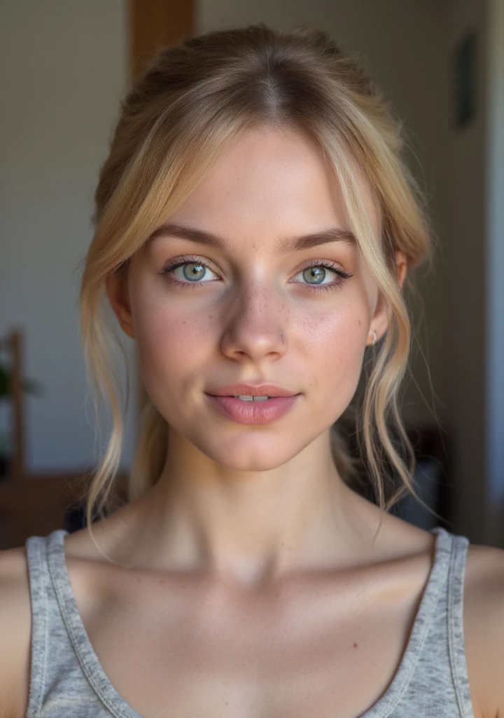 A highly realistic full-body depiction of a young woman with fair skin, light blonde hair tied in a casual ponytail, and soft freckles on her cheeks. She has striking light-colored eyes (possibly blue or green), delicate facial features, and natural makeup with a subtle lip tint with a cold look at home