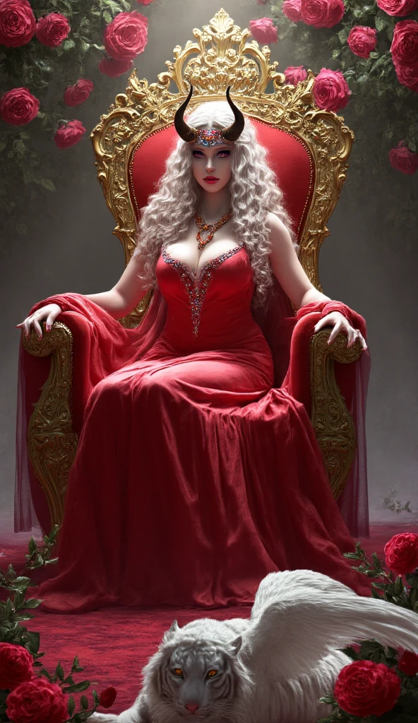 The portrait of a queen dressed in red with a red crown, white hair, red eyes, very beautiful, sitting on her throne, very detailed, hyper realistic