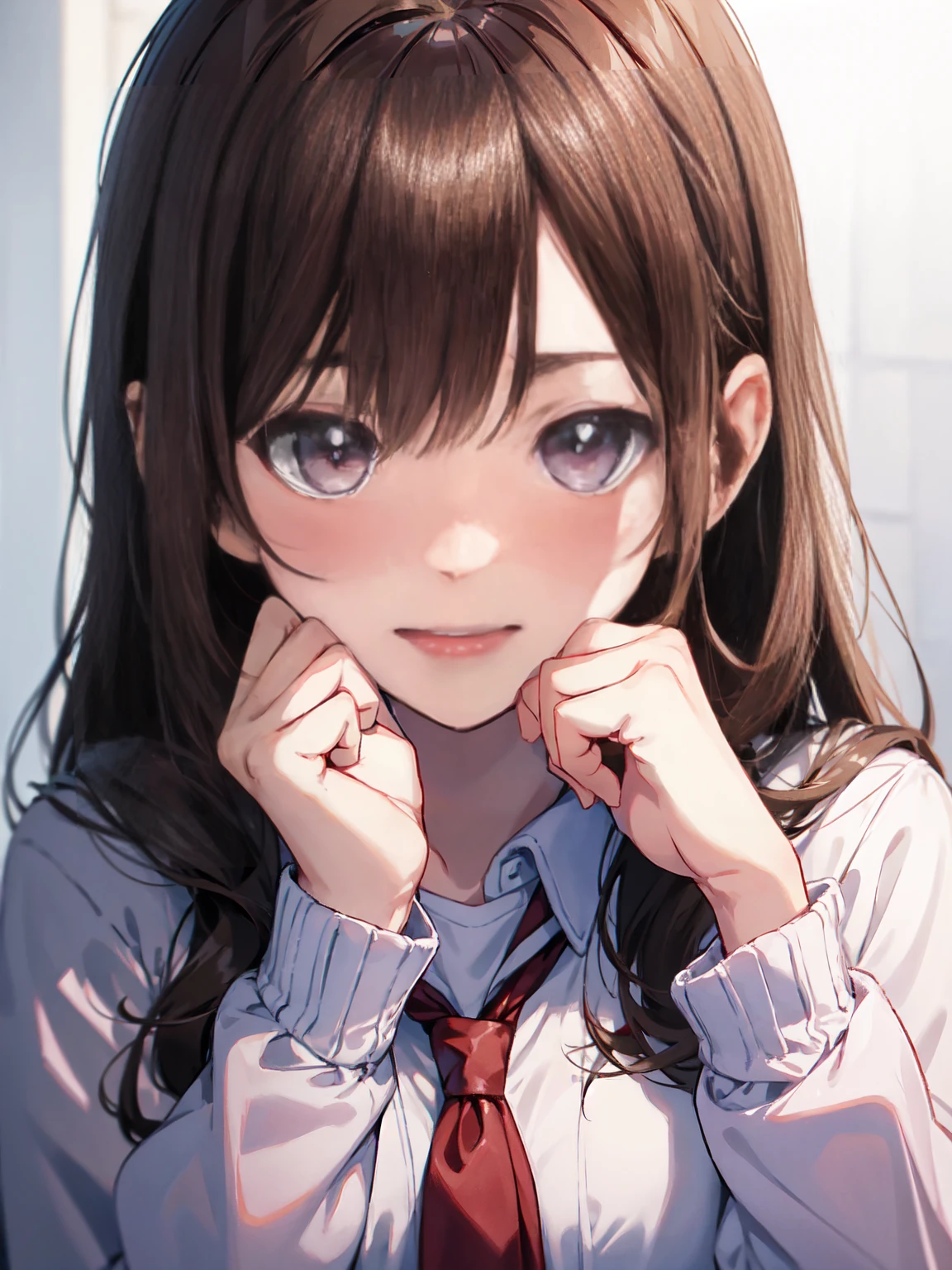 Clear Face,masterpiece,super high quality, Very detailed,Perfect drawing,Hmph,3D,8k,beautiful girl,One Girl,Has long brown hair、Gray Uniform、Black Skirt, Red ribbon on uniform、((She glared at me sharply..., Looking down from above)), beautiful girl with a wonderful face, Long eyelashes, School、locker room、Human Anatomy、shiho kitazawa、blush、Estrus、Wet clothes、Light blue underwear