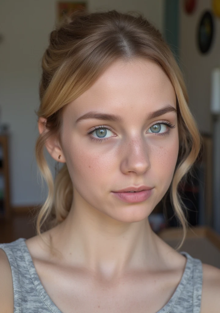 A highly realistic full-body depiction of a young woman with fair skin, light blonde hair tied in a casual ponytail, and soft freckles on her cheeks. She has striking light-colored eyes (possibly blue or green), delicate facial features, and natural makeup with a subtle lip tint full body photo with a cold look at home