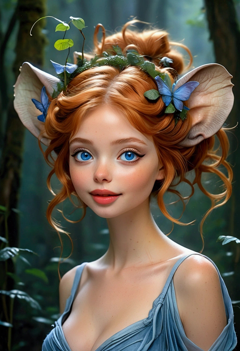 A forest nymph made from dense fog, surrounded by mist and lush vegetation. Large thick lips. Huge blue eyes. Elephantine ears. Look of ecstatic joy. joyful pose. In the style of Brian Froud
