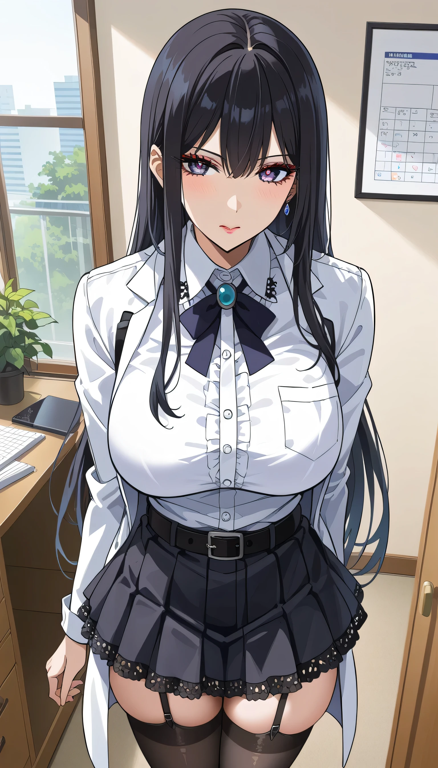 frustrated、Depressed、Bad mood、 I'm in a bad mood、Future Gadget Laboratory The appeal of adults、Tall Women、A woman in her thirties、 Alassah's woman 、steins;Gate、Bad mood、 score_9, score_8_up, score_7_up, source_anime,masterpiece、 office、office、 No Emotion、 no makeup、 best quality, beautifully detailed eyes , Exquisite Eyes、A sophisticated eye、 highly detailed eyes and face,Unmotivated look、Apathetic face、 long breasts, 1 female, wear white coats、Grey dress shirt、 gothic ta、 Gothic Lolihirt Under a White Coat、 Grey Gothic Lolita S 、Black Gothic Lolita Skirtray gothic lolita shirt、 BlGothic Lolita Skirt 、 Mini t、 short skirt , Big saggy breasts, shockingly Big Breasts , Big Breasts , room,Big Breasts、 boobs 、 zitales , makeup、 no makeup、 black hair、 long hair、Smooth straight hair、 black stockings、 garter belt、black garter belt 、 taken from above、 tall women、Tall Women、 plump thighs