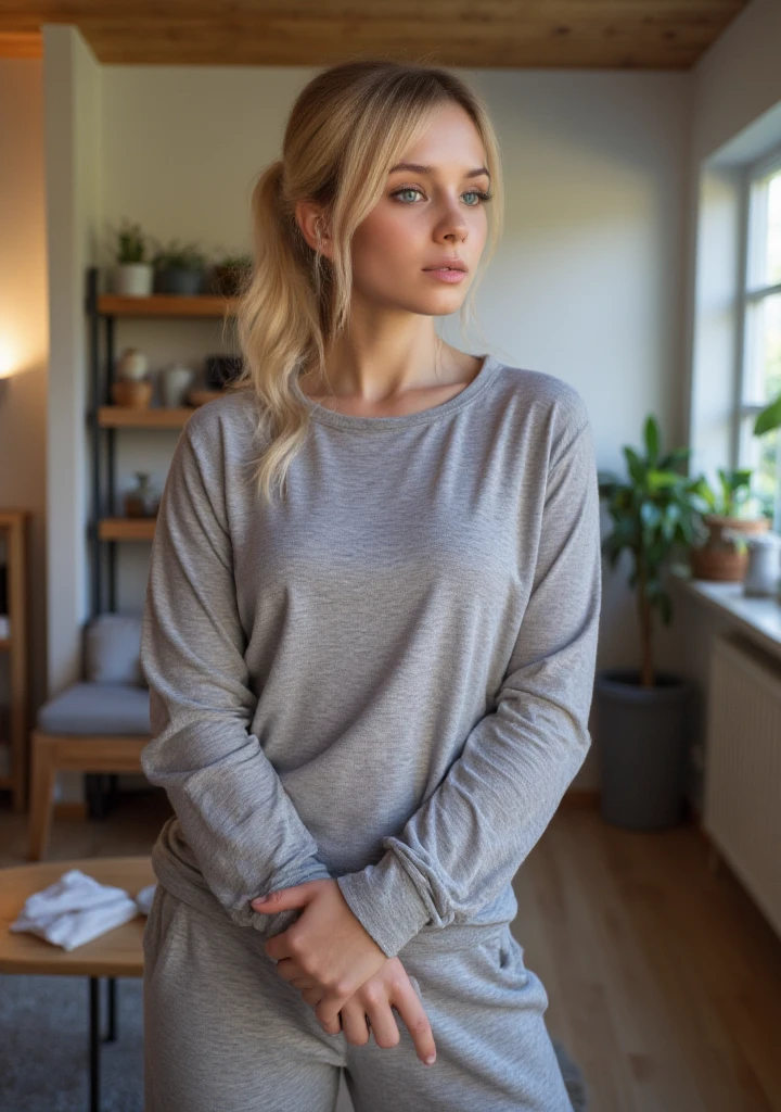 A highly realistic full-body depiction of a person standing at home in a relaxed yet poised posture, with light blonde hair tied in a casual ponytail, fair skin, soft freckles, and light-colored eyes (blue or green). They wear comfortable, casual clothing suitable for a cozy indoor setting, like a fitted sweater and joggers or leggings. The expression on their face is calm and composed, giving off a slightly cold and introspective vibe. The background subtly reflects a warm, lived-in space, such as a modern living room or kitchen, with natural light streaming through a window.