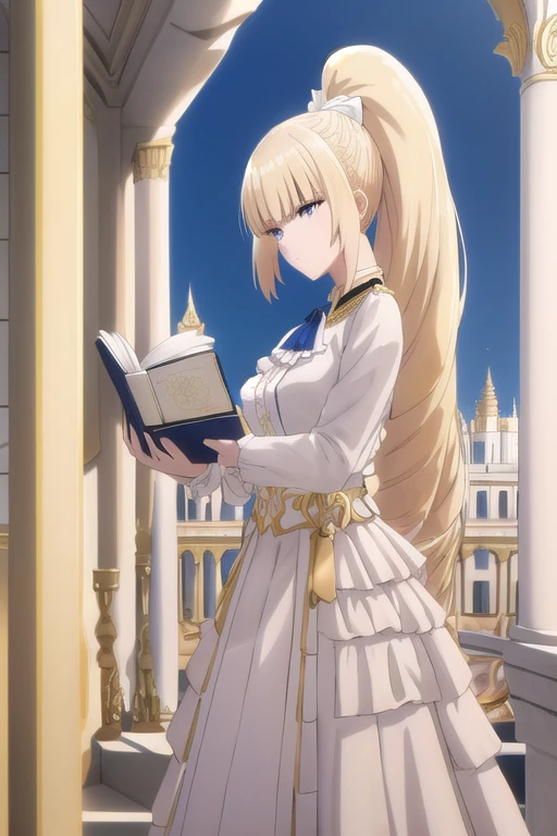 , bright blond with blond hair and tall ponytail、 white long-sleeved top （with ribbons and frills ）、 The background is a palace balcony or under the blue sky 、 The character is in a pose carrying a sword on his shoulder if it's a battle type 、 For everyday life, hold a book and have an elegant atmosphere 。