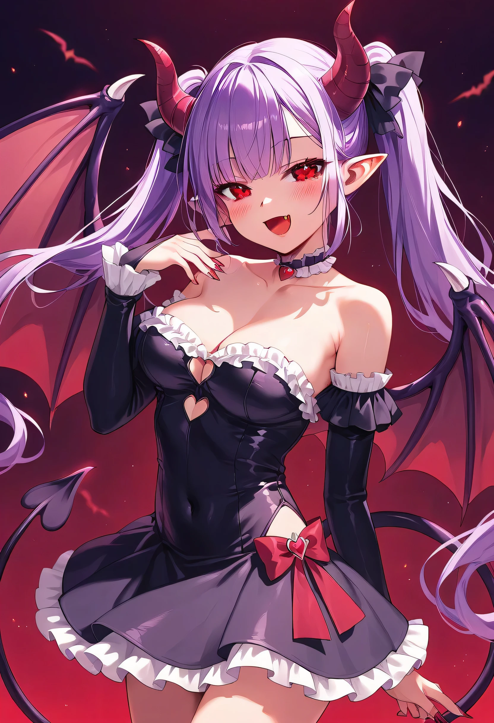 1girl, solo, rating:s, breasts, purple_hair, wings, long_hair, looking_at_viewer, clevelage, :d, twintails, vampire_girl, demon_wings, bare_shoulder, large_breasts, open_mouth, bangs, horns, purple_eyes, bat_wings, red_dress, blush, nail_polish, demon_tail, collarbone, jewelry, choker, pointy_ears, skirt, fang, black_dress, frills, hand_up, cowboy_shot, detached sleeves, low_wings, red_eyes, head_wings, (masterpiece), long sideburns, mesugaki, smile, skin fang, corruption
