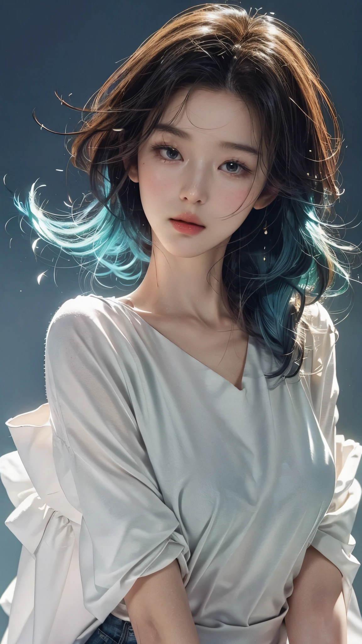 ( large silhouette top with colorful colors, casual clothing and mode type :1.0), 8k wallpaper, wonderful, (masterpiece), ( top quality), ( Very detailed ), (illustration), ( extremely delicate and beautiful ),dynamic angle,rainbow hair , Detailed and cute face , extremely delicate and beautiful girl,