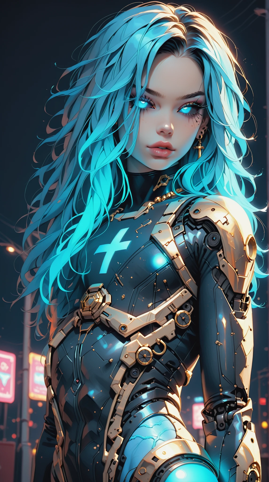 (nsfw:1), (Uncensored:1), score_9, score_8_up, score_7_up, (Three quarters Shot), (1 girl), (asian), beautiful teenage (skinny) muscular goth cyborg girl, (full Cybernetic bodysuit:1.5), (black sclera:1.5), (blue glowing eyes:1.5), (blue glowing body veins:1.5), (flat chest:1.25), (blue glowing hair:1.25), (beautiful face:1.25), (bodybuilder femboy physique:1.25), (skinny long legs:0.75), (gold cracks:1.25), bimbo lips, cowboy shot, cybernetic, mechanoid body parts, exposed cables and circuits, neon lights, gothic neon style, cyber punk style, super realistic image, beautiful digital paint , hyper Realistic illustrations, 