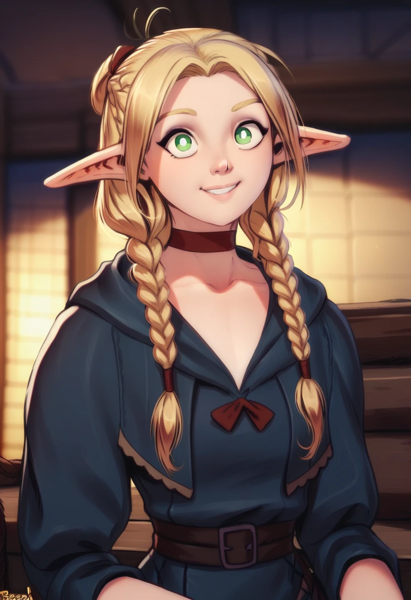 By personalami. 1girl, best quality, [masterpiece], from the waist up, twin braids, red choker, marcille donato, bright pupils, green eyes, parted bangs, blonde hair, elf, soft smile, blue robe