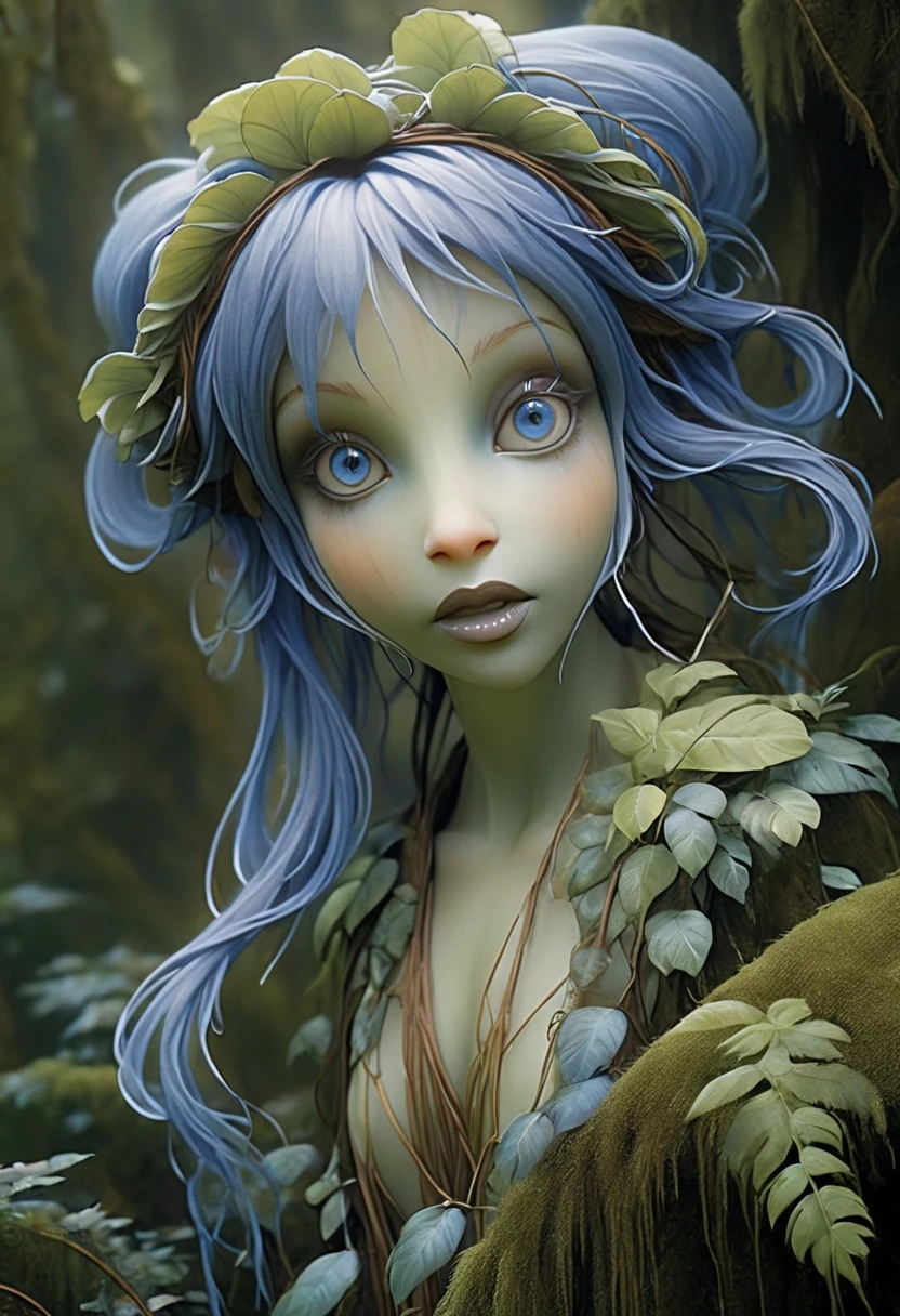 A forest nymph made from dense fog, surrounded by mist and lush vegetation. Large thick lips. Huge blue eyes. Elephantine ears. Look of ecstatic joy. joyful pose. In the style of Brian Froud
