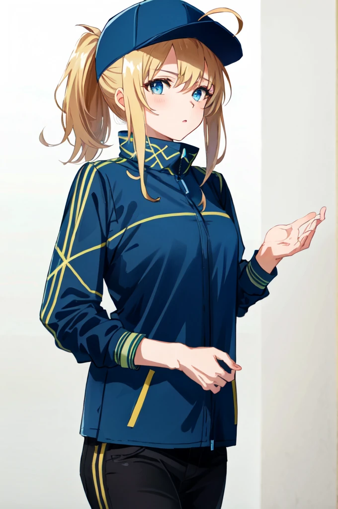  drip jacket , white background ,  shirt,  closed mouth , Open the clothes, black pants, pants,  1 girl , black  shirt,  watch viewers,  jacket, Alone, Put your hands together, (  Masterpiece  :1.4), ( best quality:1.4),  realistic ,  1 girl , Front View, Serious, Mysterious heroine xx  \(destiny\), Ahoge, Baseball cap,  blue head ornaments ,  hair through headwear, 