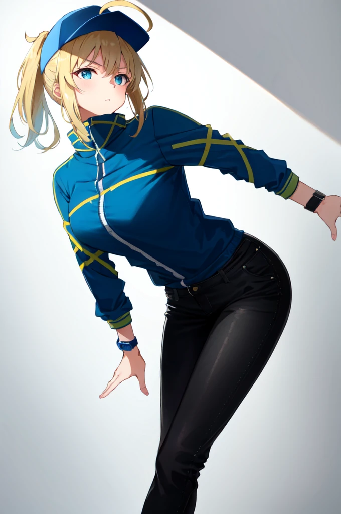  drip jacket , white background ,  shirt,  closed mouth , Open the clothes, black pants, pants,  1 girl , black  shirt,  watch viewers,  jacket, Alone, Put your hands together, (  Masterpiece  :1.4), ( best quality:1.4),  realistic ,  1 girl , Front View, Serious, Mysterious heroine xx  \(destiny\), Ahoge, Baseball cap,  blue head ornaments ,  hair through headwear, 