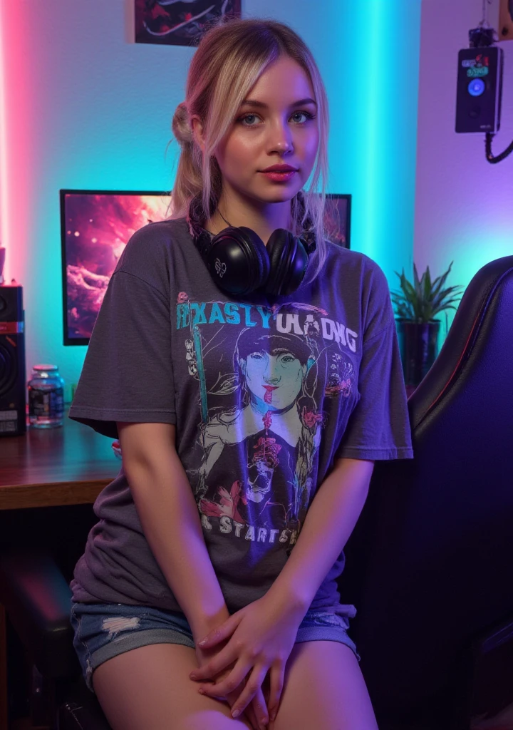 A highly realistic full-body depiction of a young woman with fair skin, light blonde hair tied in a casual ponytail, and soft freckles on her cheeks. She has striking light-colored eyes (possibly blue or green), delicate facial features, and natural makeup with a subtle lip tint. She is dressed in a stylish gamer outfit, featuring a graphic T-shirt with a bold design, ripped jeans or shorts, and a gaming headset resting around her neck or on her head. She stands confidently in a modern gaming setup, surrounded by RGB-lit monitors, a sleek desk with a mechanical keyboard, and colorful LED lighting creating a vibrant, tech-inspired ambiance. Her posture and expression exude enthusiasm and confidence, embodying the energetic and immersive world of gaming culture. nsfw explicit